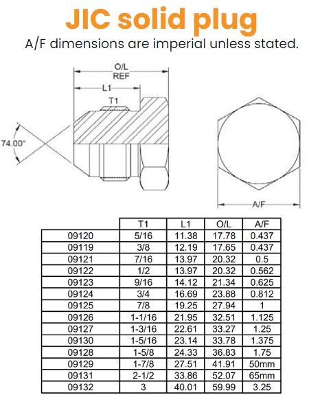 5/16 JIC Solid Plug Hydraulic Adaptor